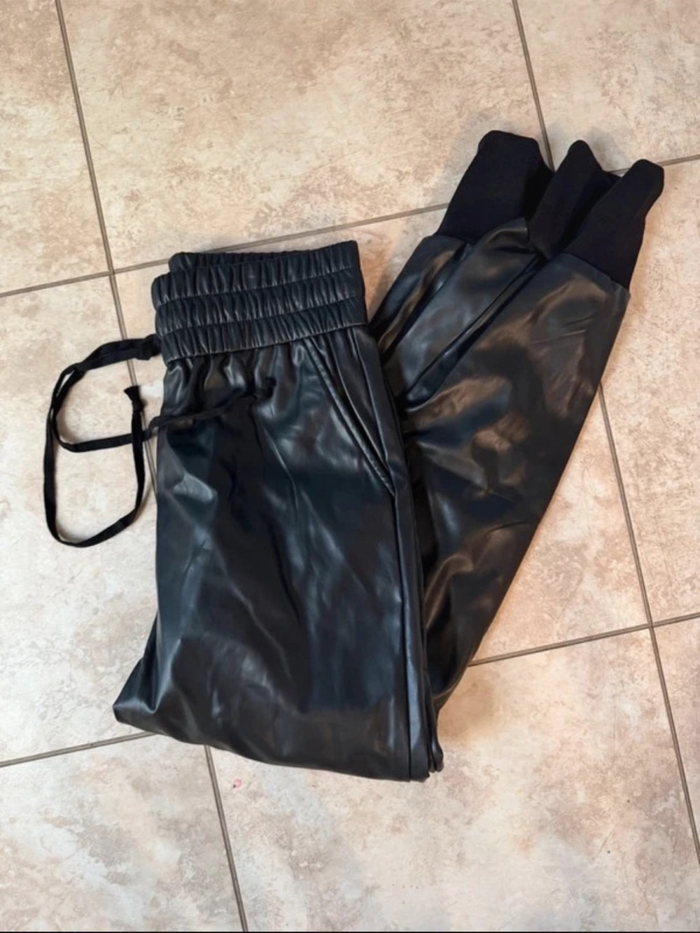 Black Faux Leather Jogger with Smocked Waist